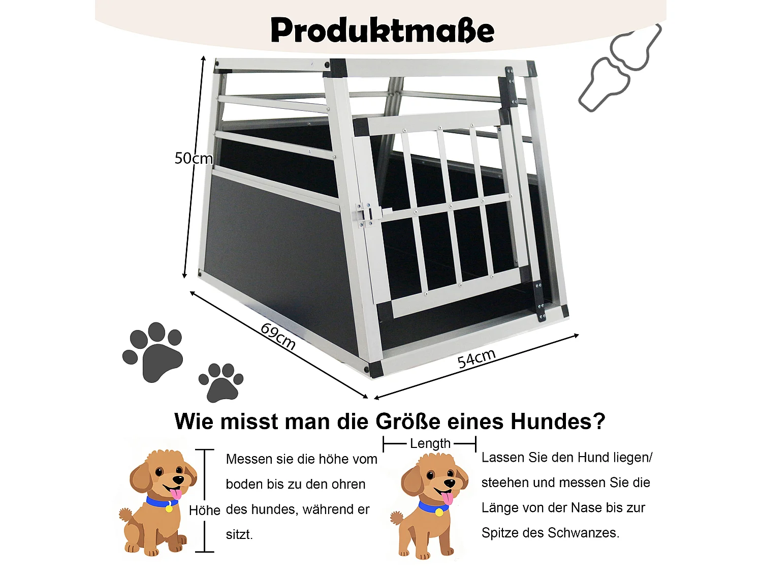 Cage de transport pour chien en aluminium, robuste et légère, aérée, noir et argent, avec fermetures sécurisées (54x69x50cm)