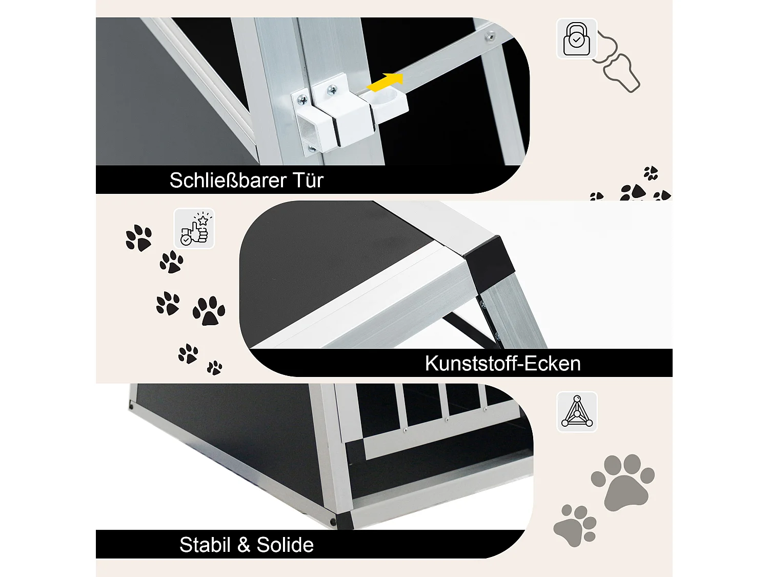 Cage de transport pour chien en aluminium, robuste et légère, aérée, noir et argent, avec fermetures sécurisées (54x69x50cm)