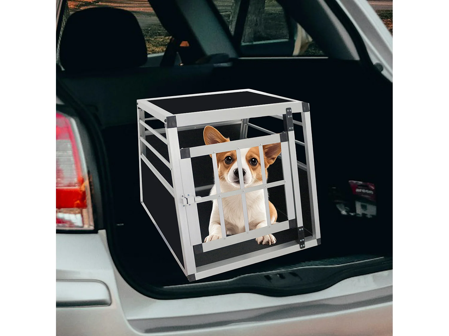 Cage de transport pour chien en aluminium, robuste et légère, aérée, noir et argent, avec fermetures sécurisées (54x69x50cm)