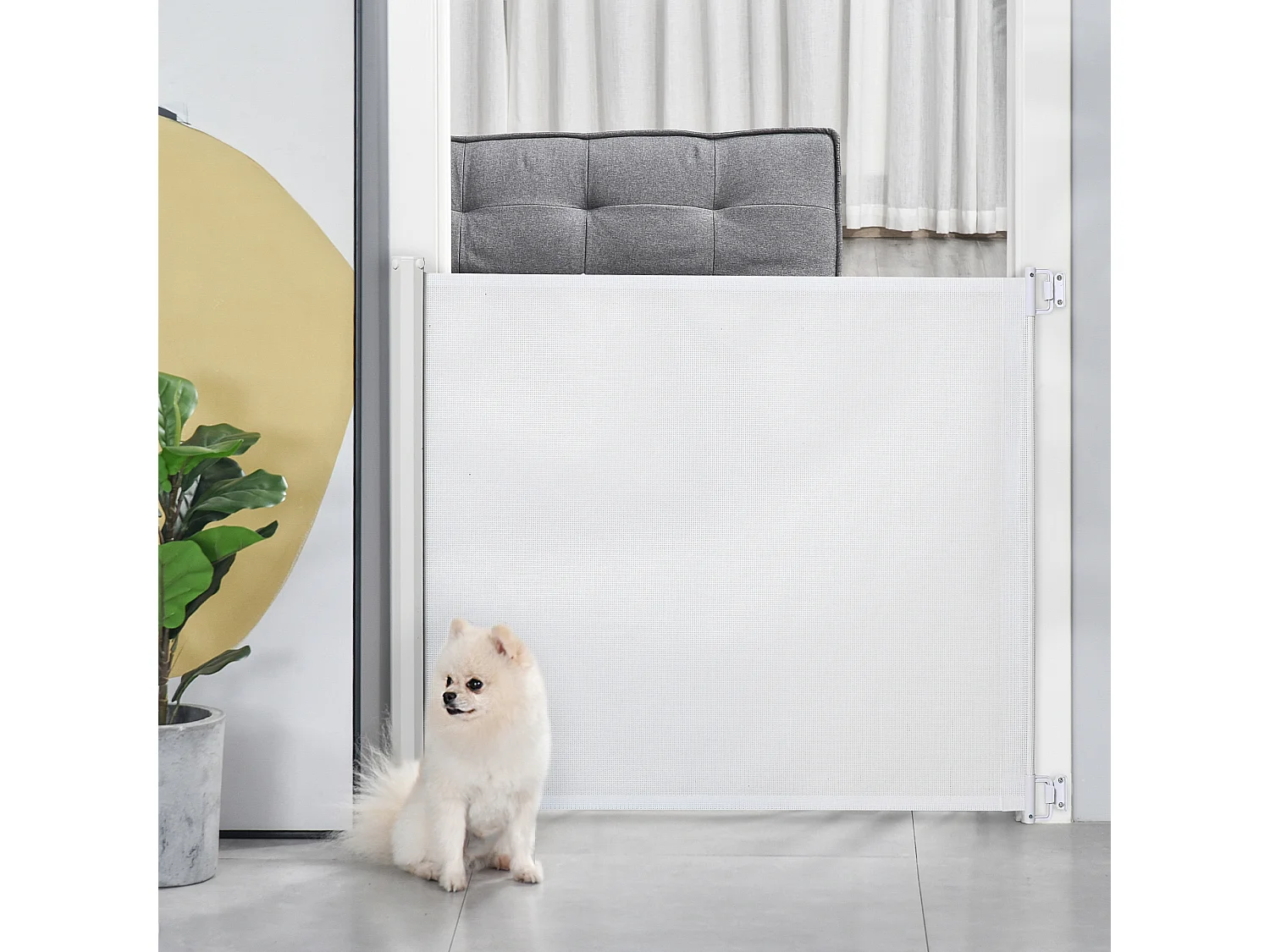 Barrière de sécurité extensible pour enfants et animaux, métal et PVC, blanc (115x5.5x82.5 cm)