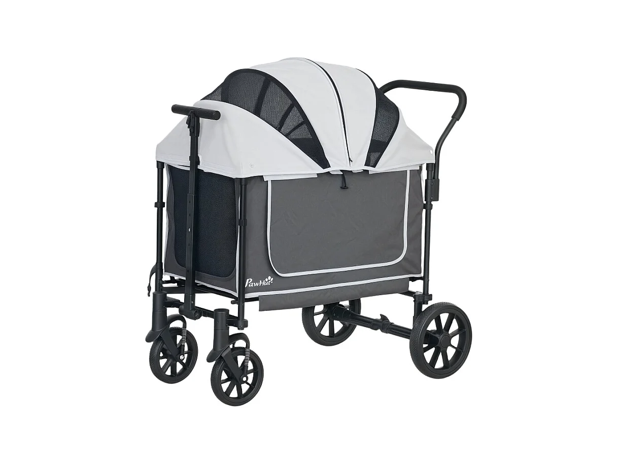 Chariot pliable pour chien et chat, design cargo, polyester, gris foncé, avec coussin et fenêtres en filet (110x65x102cm)