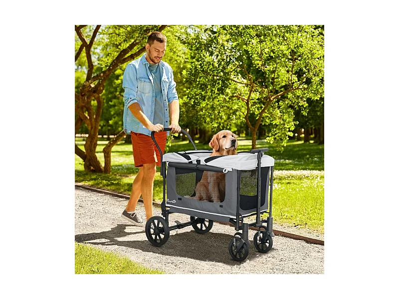 Chariot pliable pour chien et chat, design cargo, polyester, gris foncé, avec coussin et fenêtres en filet (110x65x102cm)