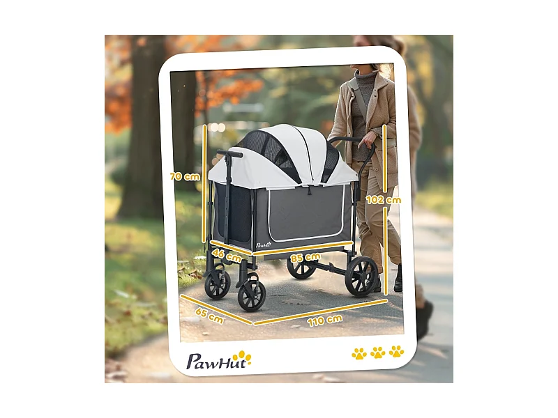 Chariot pliable pour chien et chat, design cargo, polyester, gris foncé, avec coussin et fenêtres en filet (110x65x102cm)