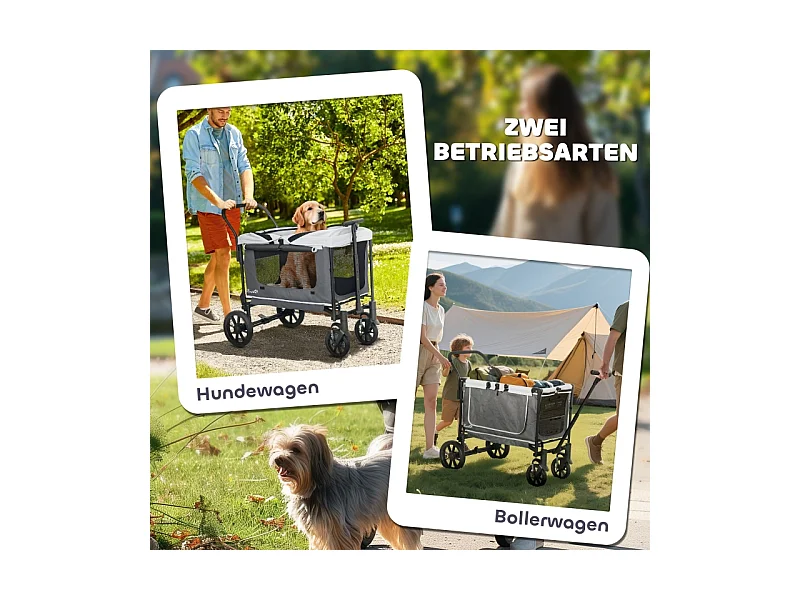 Chariot pliable pour chien et chat, design cargo, polyester, gris foncé, avec coussin et fenêtres en filet (110x65x102cm)