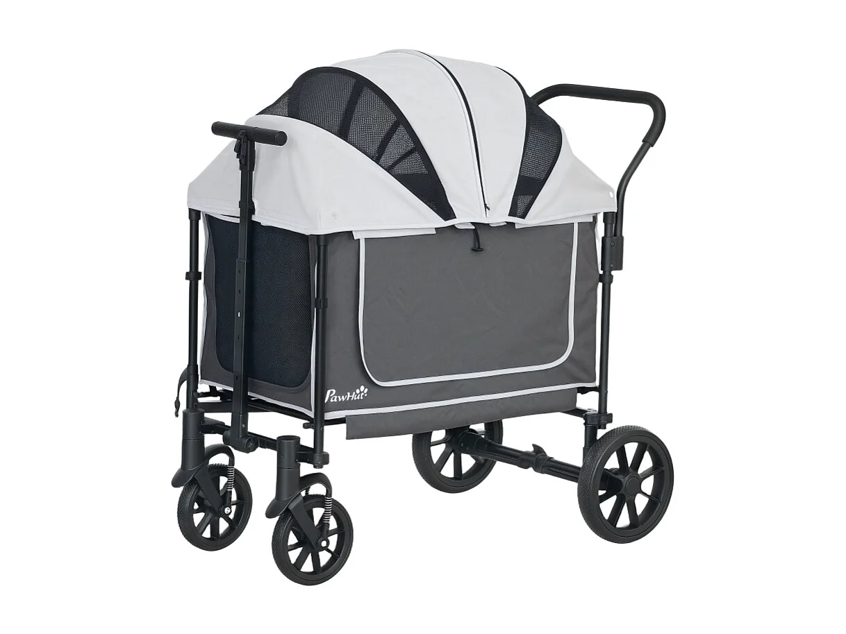 Chariot pliable pour chien et chat, design cargo, polyester, gris foncé, avec coussin et fenêtres en filet (110x65x102cm)