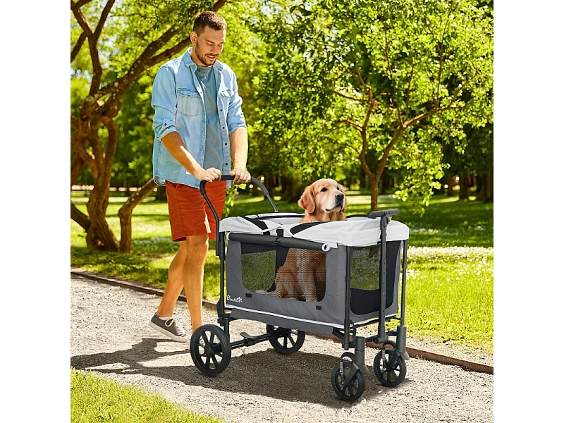 Chariot pliable pour chien et chat, design cargo, polyester, gris foncé, avec coussin et fenêtres en filet (110x65x102cm)