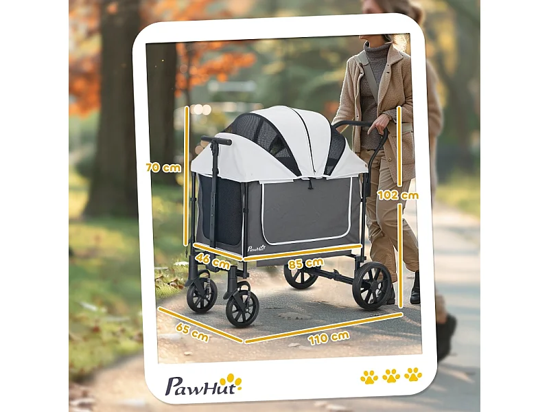 Chariot pliable pour chien et chat, design cargo, polyester, gris foncé, avec coussin et fenêtres en filet (110x65x102cm)