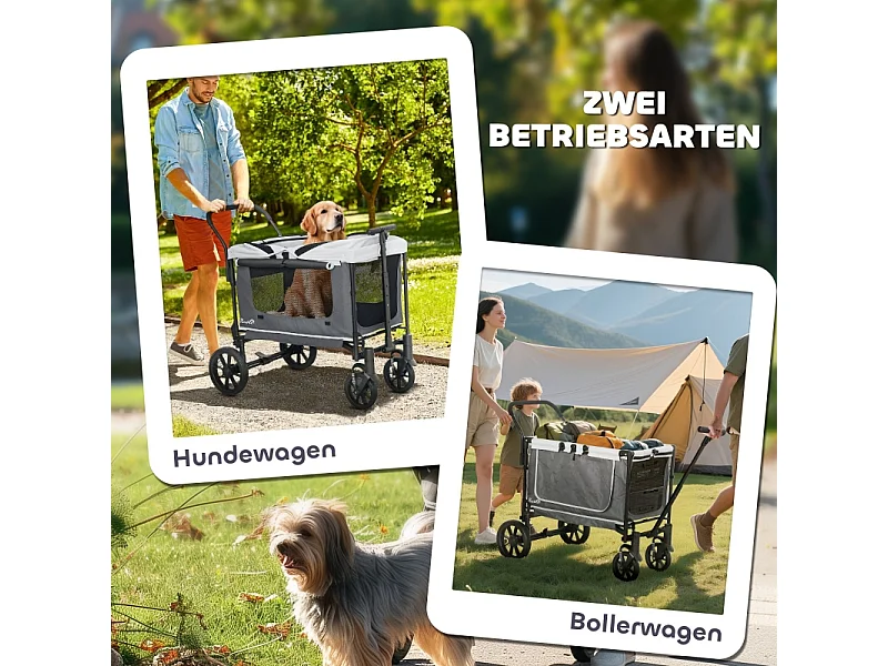 Chariot pliable pour chien et chat, design cargo, polyester, gris foncé, avec coussin et fenêtres en filet (110x65x102cm)