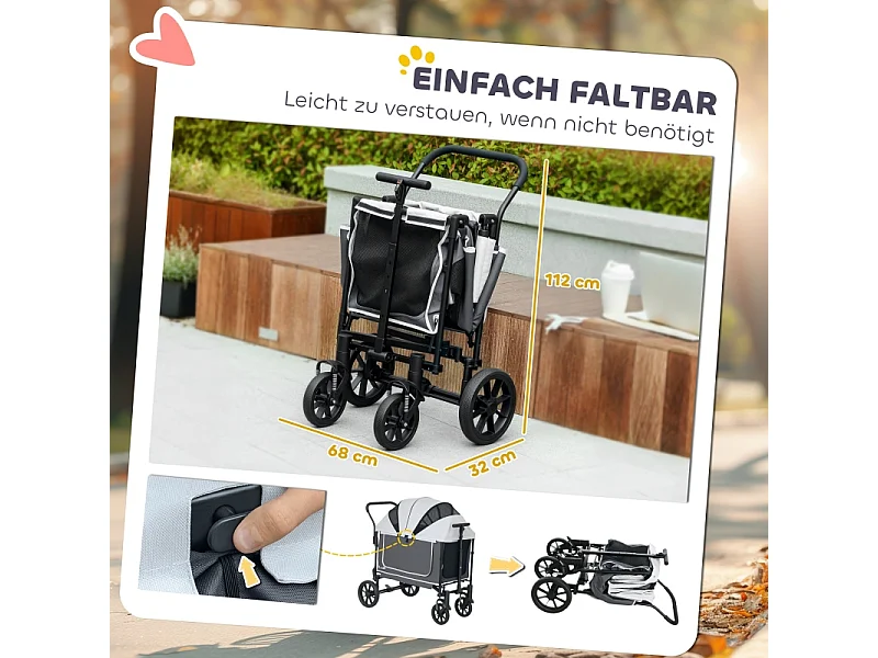 Chariot pliable pour chien et chat, design cargo, polyester, gris foncé, avec coussin et fenêtres en filet (110x65x102cm)