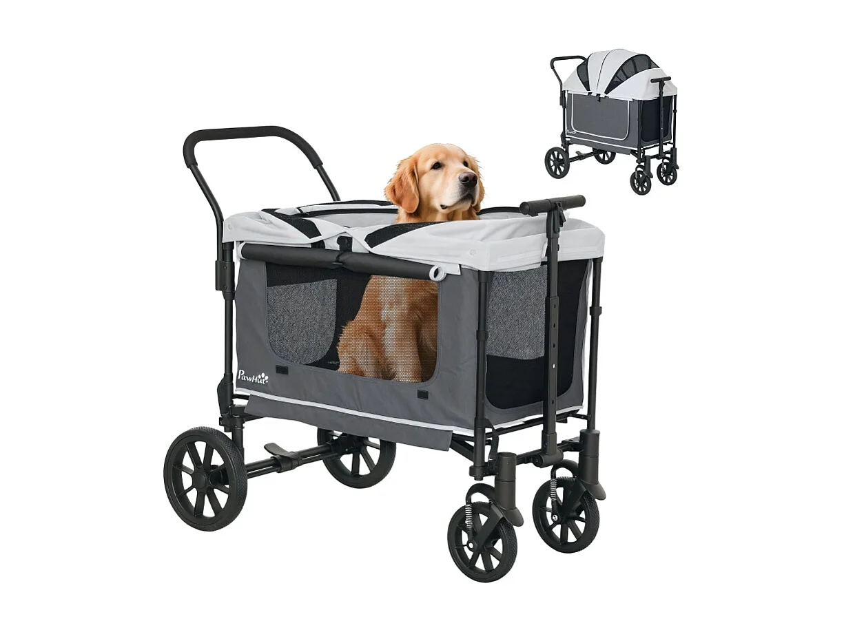 Chariot pliable pour chien et chat, design cargo, polyester, gris foncé, avec coussin et fenêtres en filet (110x65x102cm)