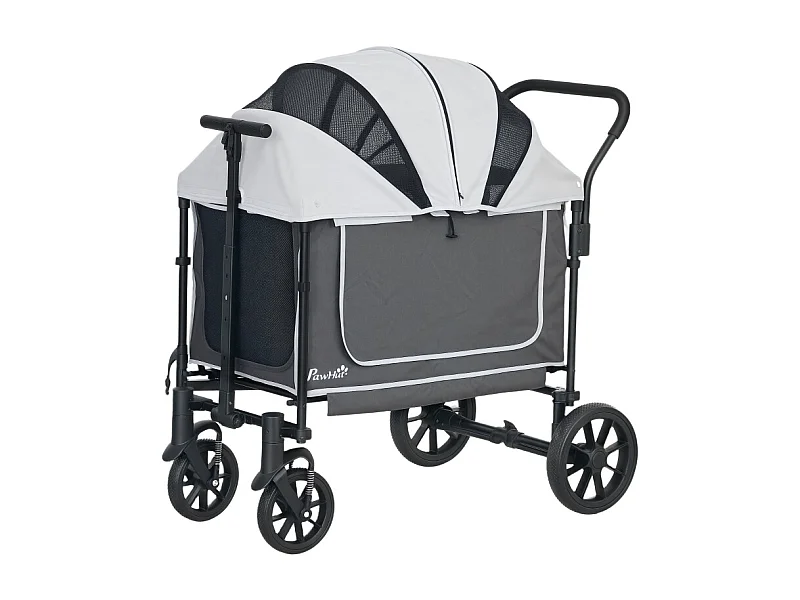 Chariot pliable pour chien et chat, design cargo, polyester, gris foncé, avec coussin et fenêtres en filet (110x65x102cm)