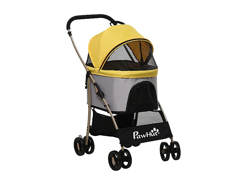 Chariot 2-en-1 pour chien pliable, avec coussin, 4 roues et fenêtre en filet, acier et Oxford, jaune (82x49.5x98 cm)