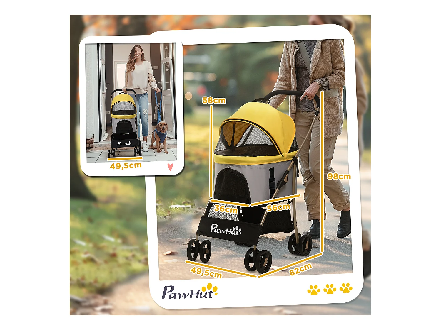 Chariot 2-en-1 pour chien pliable, avec coussin, 4 roues et fenêtre en filet, acier et Oxford, jaune (82x49.5x98 cm)