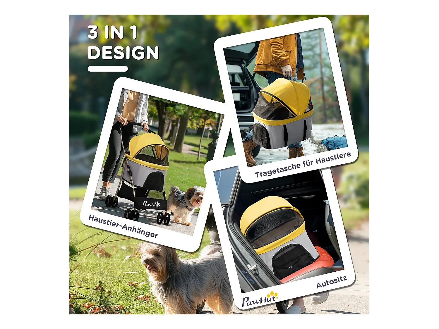 Chariot 2-en-1 pour chien pliable, avec coussin, 4 roues et fenêtre en filet, acier et Oxford, jaune (82x49.5x98 cm)