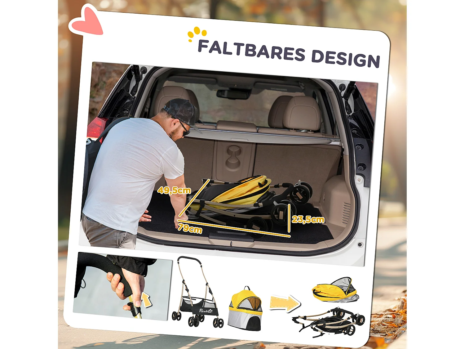 Chariot 2-en-1 pour chien pliable, avec coussin, 4 roues et fenêtre en filet, acier et Oxford, jaune (82x49.5x98 cm)