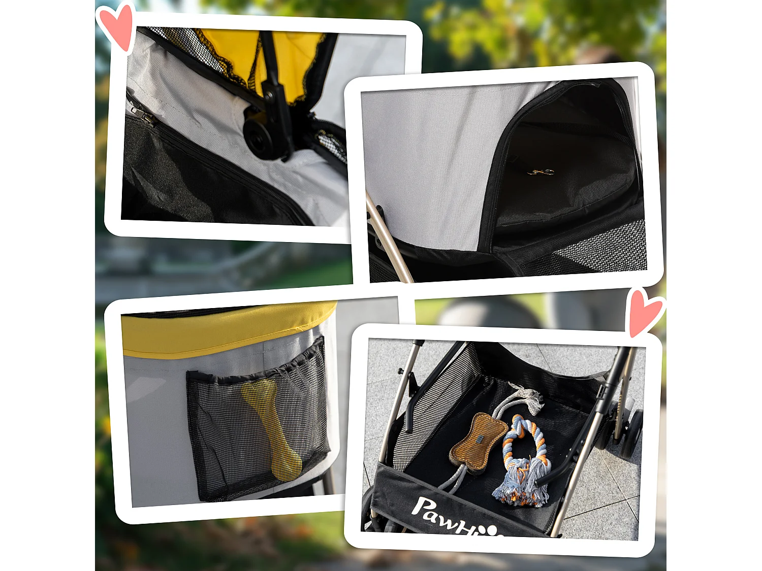 Chariot 2-en-1 pour chien pliable, avec coussin, 4 roues et fenêtre en filet, acier et Oxford, jaune (82x49.5x98 cm)