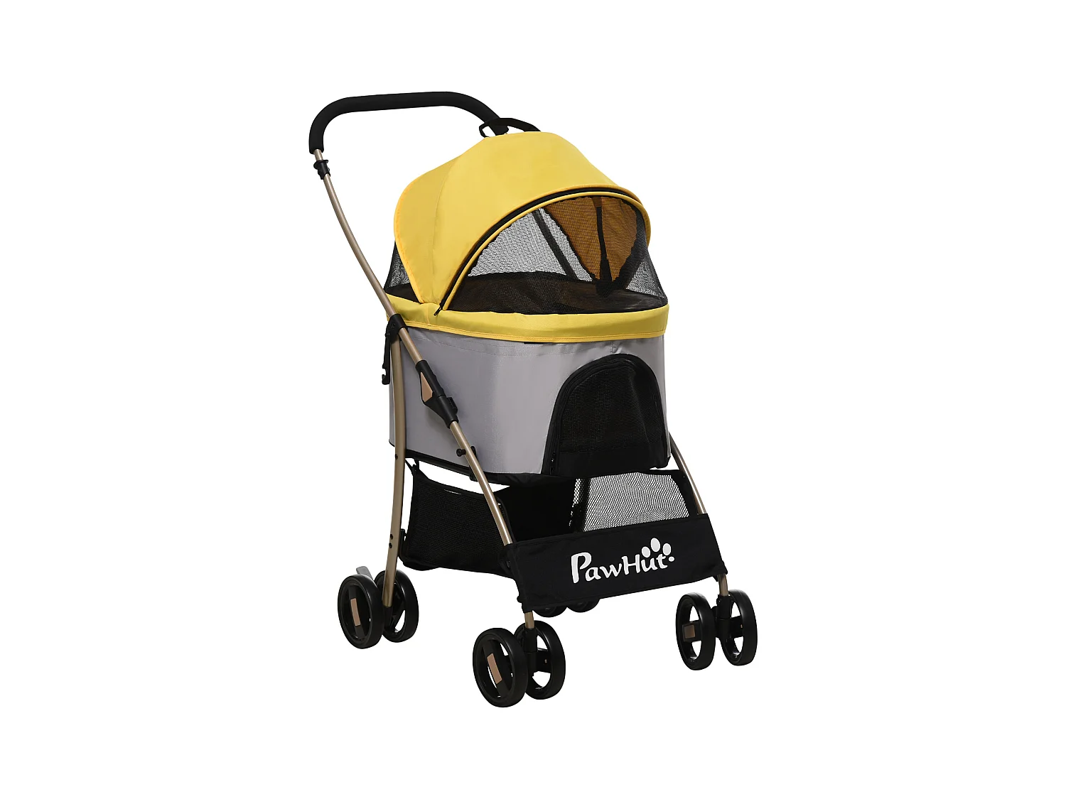2-in-1 opvouwbare hondenmand met kussen, 4 wielen en gaasvenster, staal en Oxford, geel (82x49,5x98 cm)