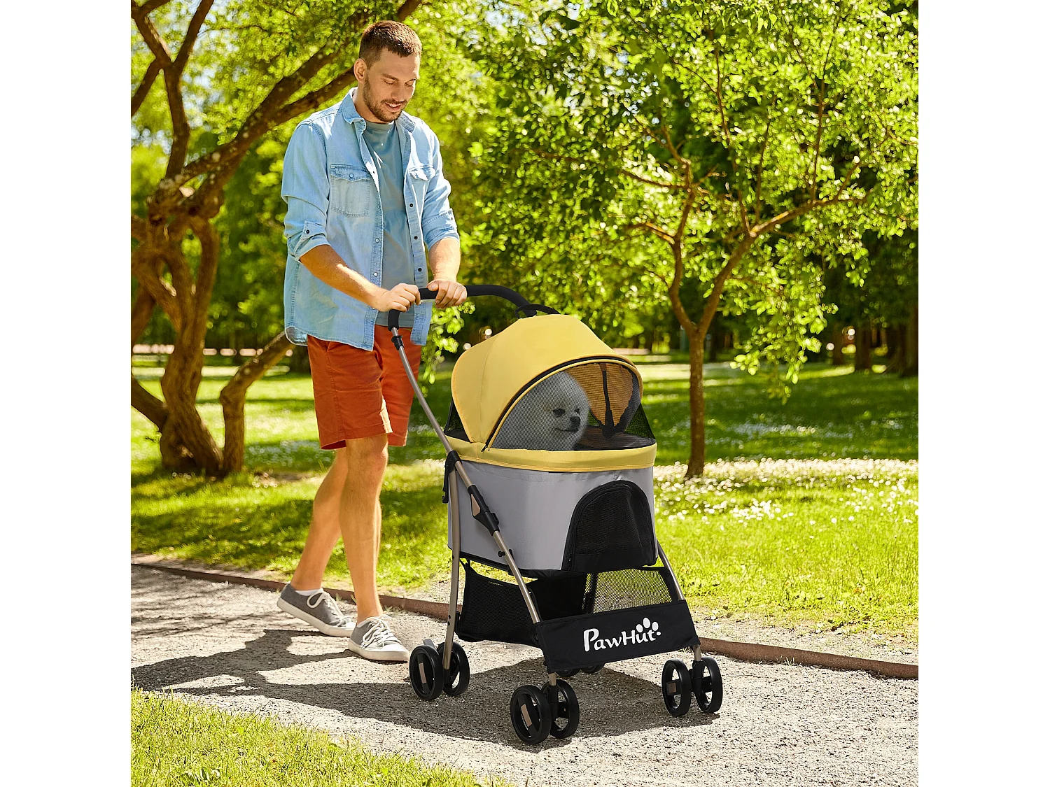 Chariot 2-en-1 pour chien pliable, avec coussin, 4 roues et fenêtre en filet, acier et Oxford, jaune (82x49.5x98 cm)