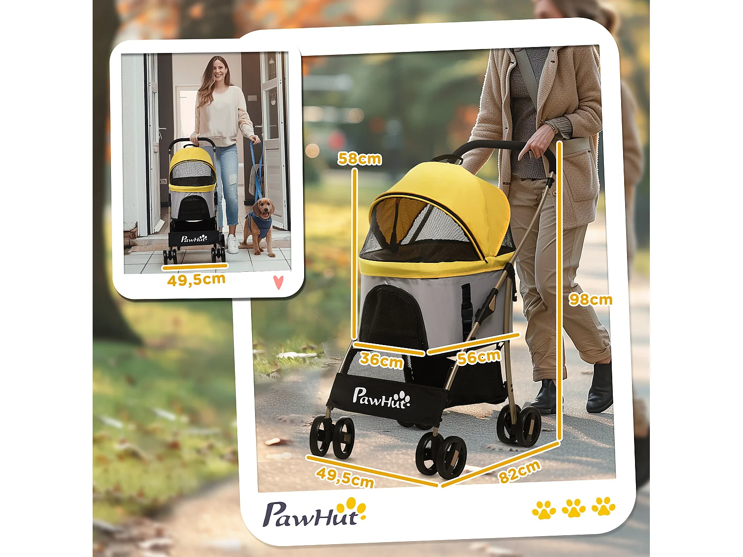 Chariot 2-en-1 pour chien pliable, avec coussin, 4 roues et fenêtre en filet, acier et Oxford, jaune (82x49.5x98 cm)