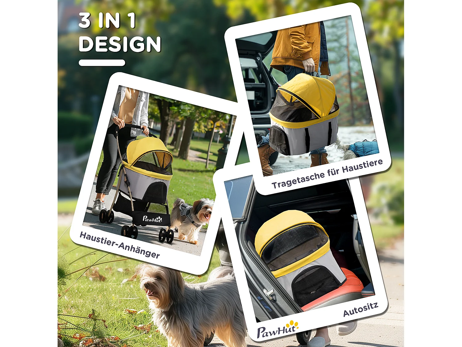 Chariot 2-en-1 pour chien pliable, avec coussin, 4 roues et fenêtre en filet, acier et Oxford, jaune (82x49.5x98 cm)