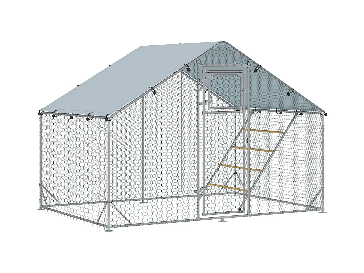 Enclos extérieur pour poules en acier, toit UV résistant, porte distributeur, perchoir, couleur argent (300x200x195cm)