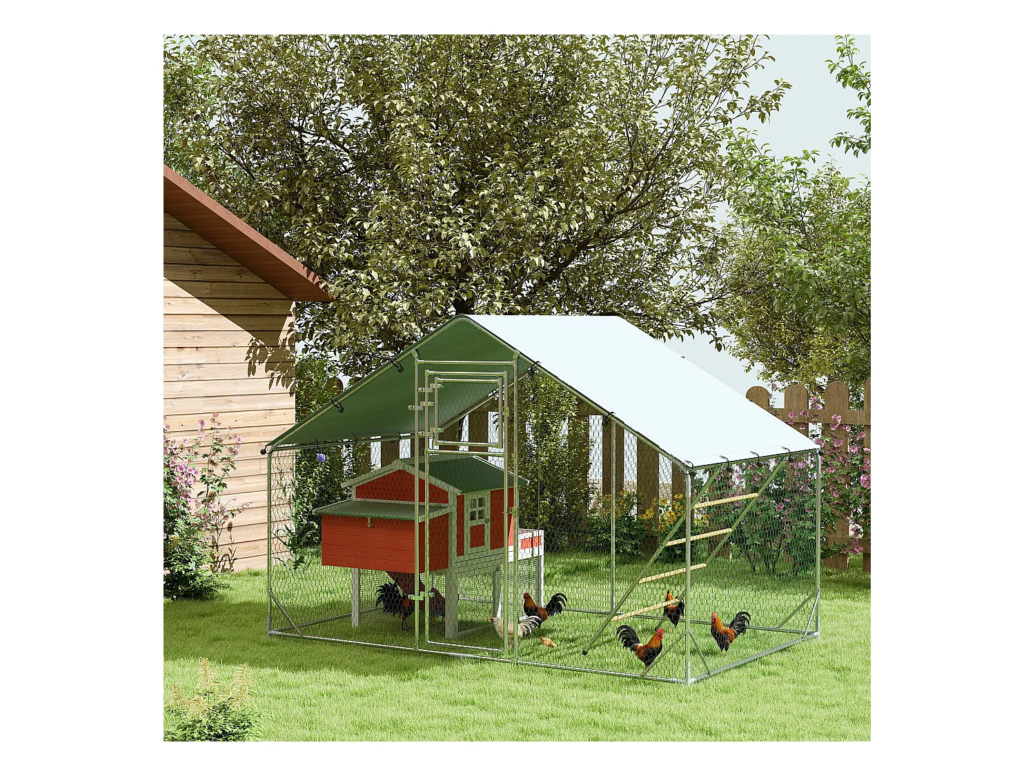 Enclos extérieur pour poules en acier, toit UV résistant, porte distributeur, perchoir, couleur argent (300x200x195cm)