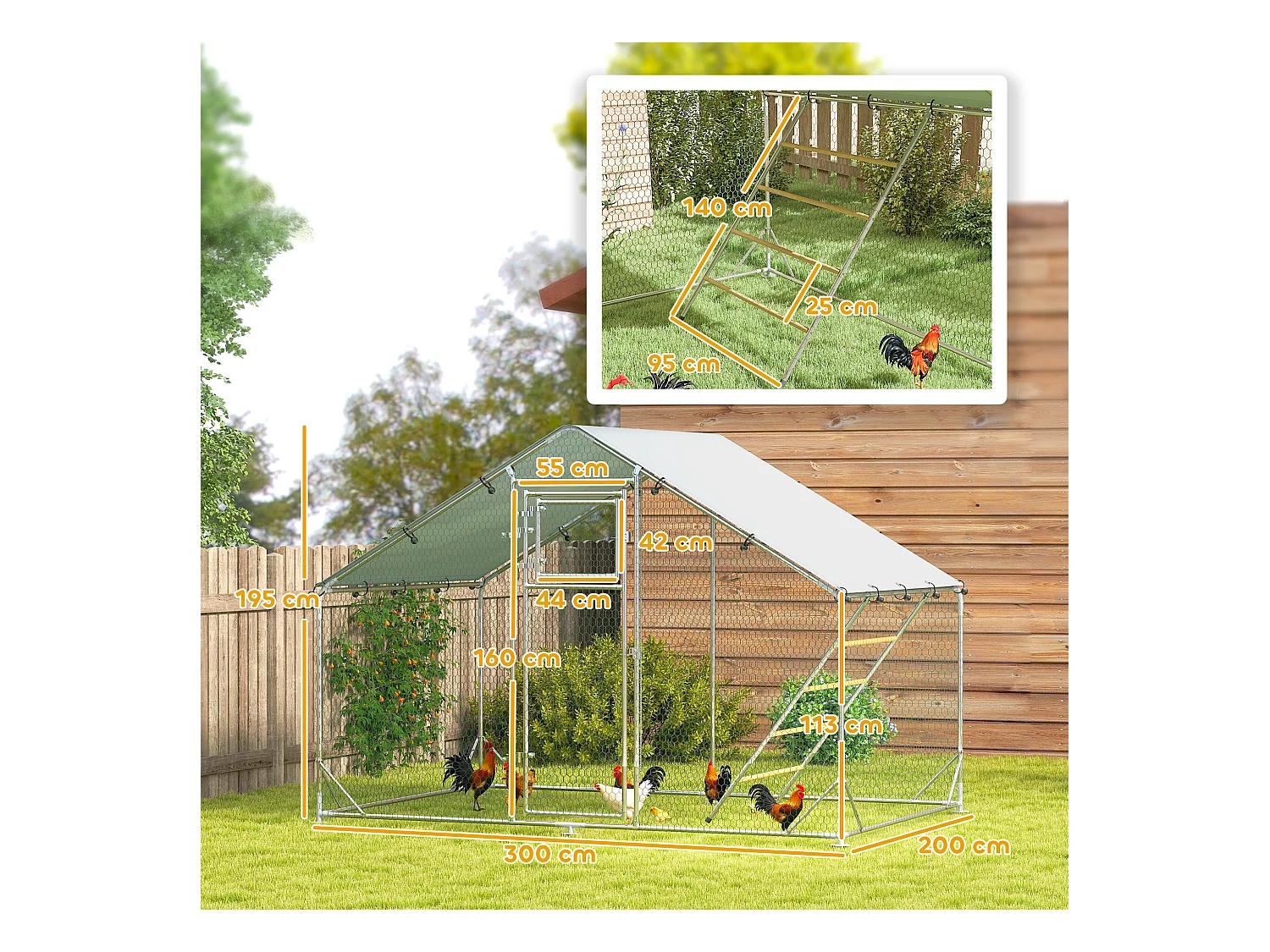 Enclos extérieur pour poules en acier, toit UV résistant, porte distributeur, perchoir, couleur argent (300x200x195cm)