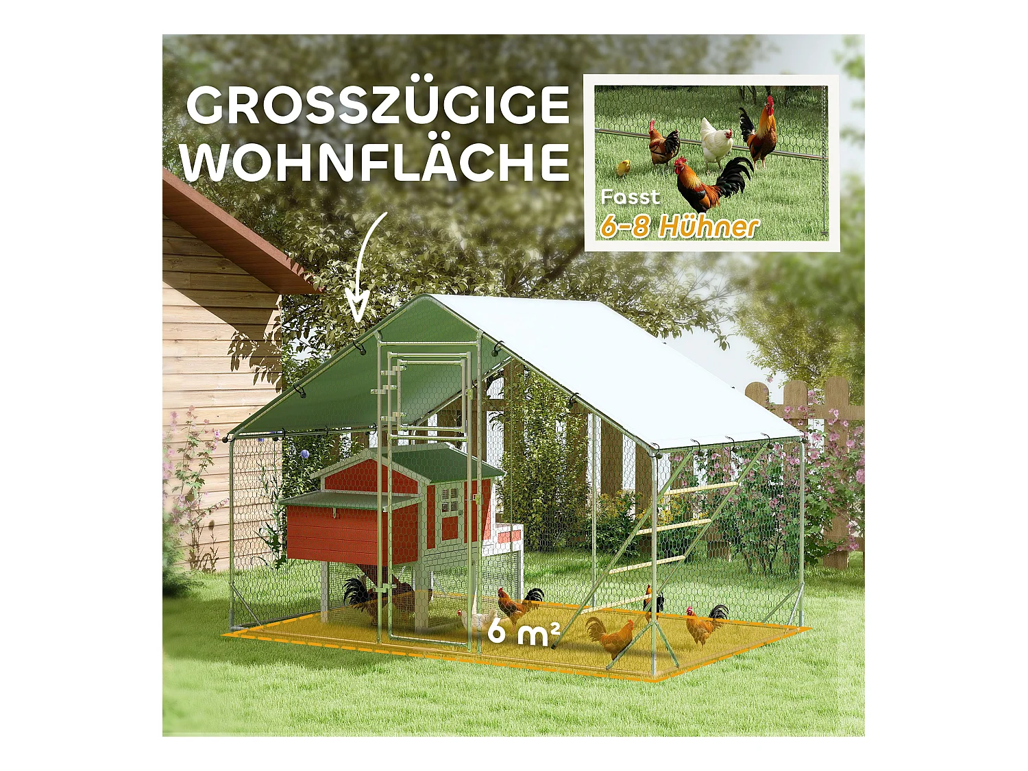 Enclos extérieur pour poules en acier, toit UV résistant, porte distributeur, perchoir, couleur argent (300x200x195cm)