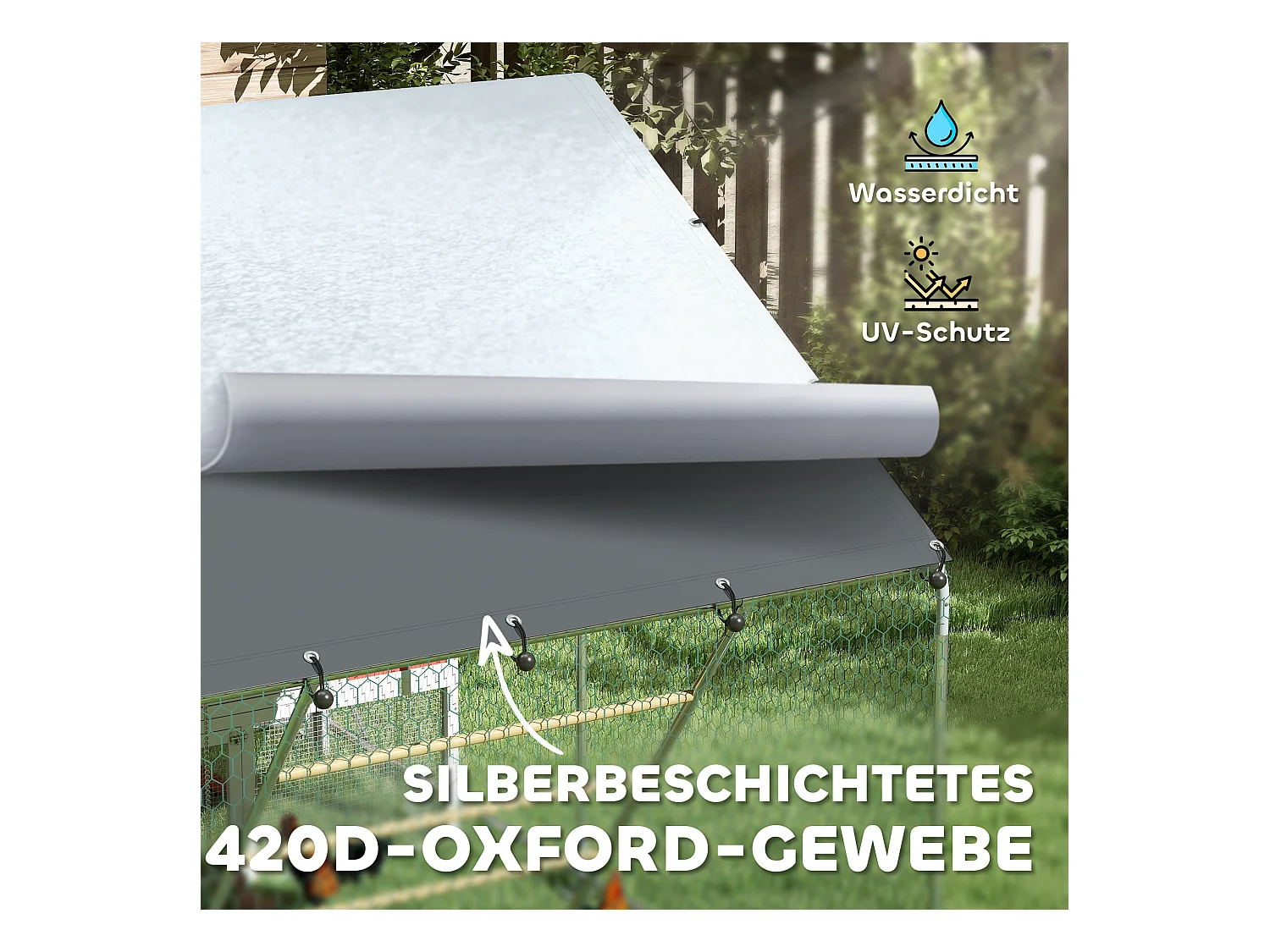 Enclos extérieur pour poules en acier, toit UV résistant, porte distributeur, perchoir, couleur argent (300x200x195cm)