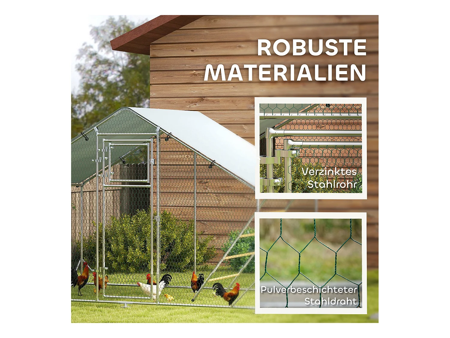Enclos extérieur pour poules en acier, toit UV résistant, porte distributeur, perchoir, couleur argent (300x200x195cm)