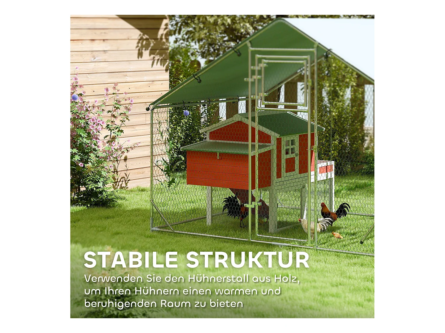 Enclos extérieur pour poules en acier, toit UV résistant, porte distributeur, perchoir, couleur argent (300x200x195cm)