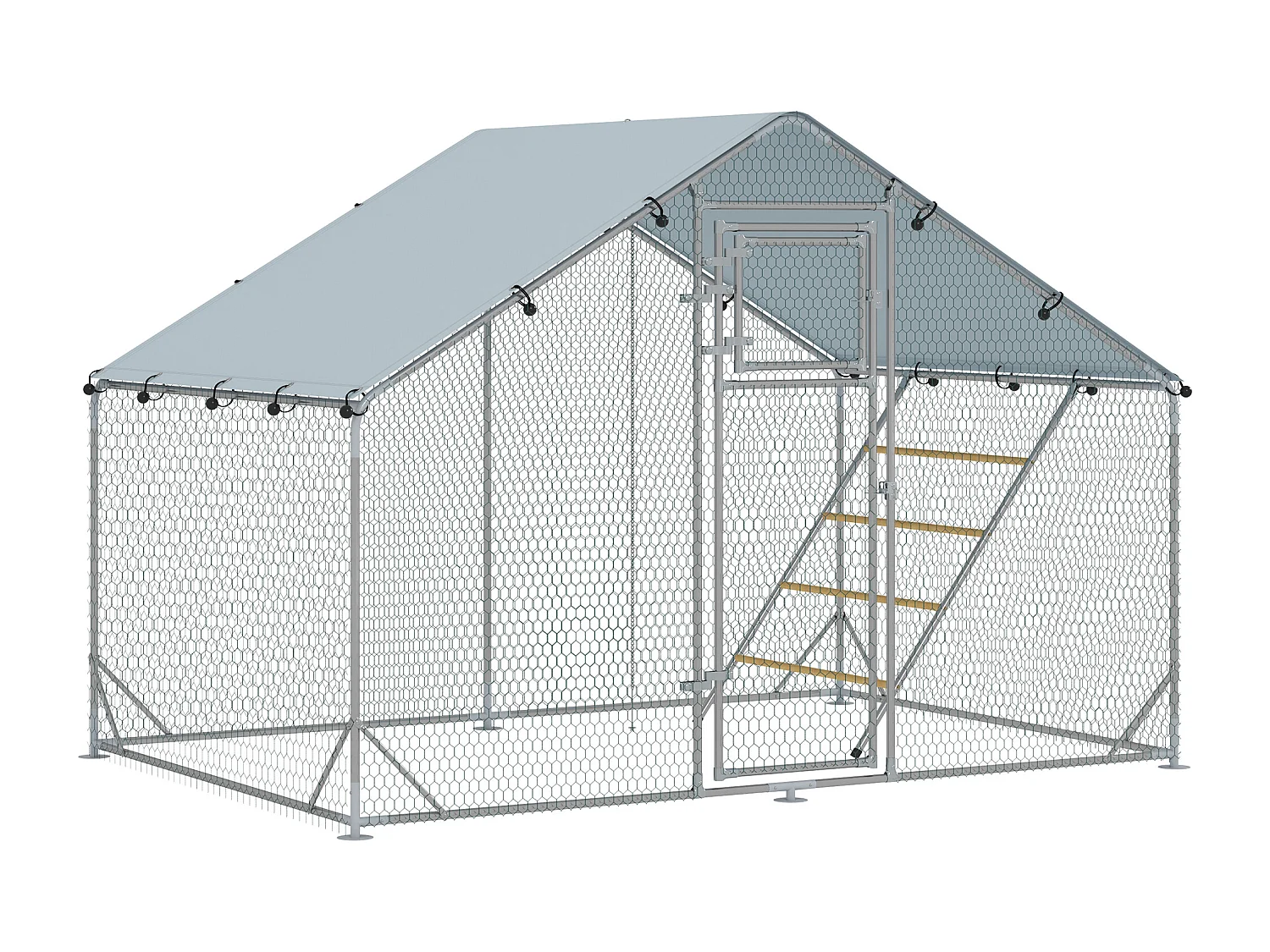 Enclos extérieur pour poules en acier, toit UV résistant, porte distributeur, perchoir, couleur argent (300x200x195cm)