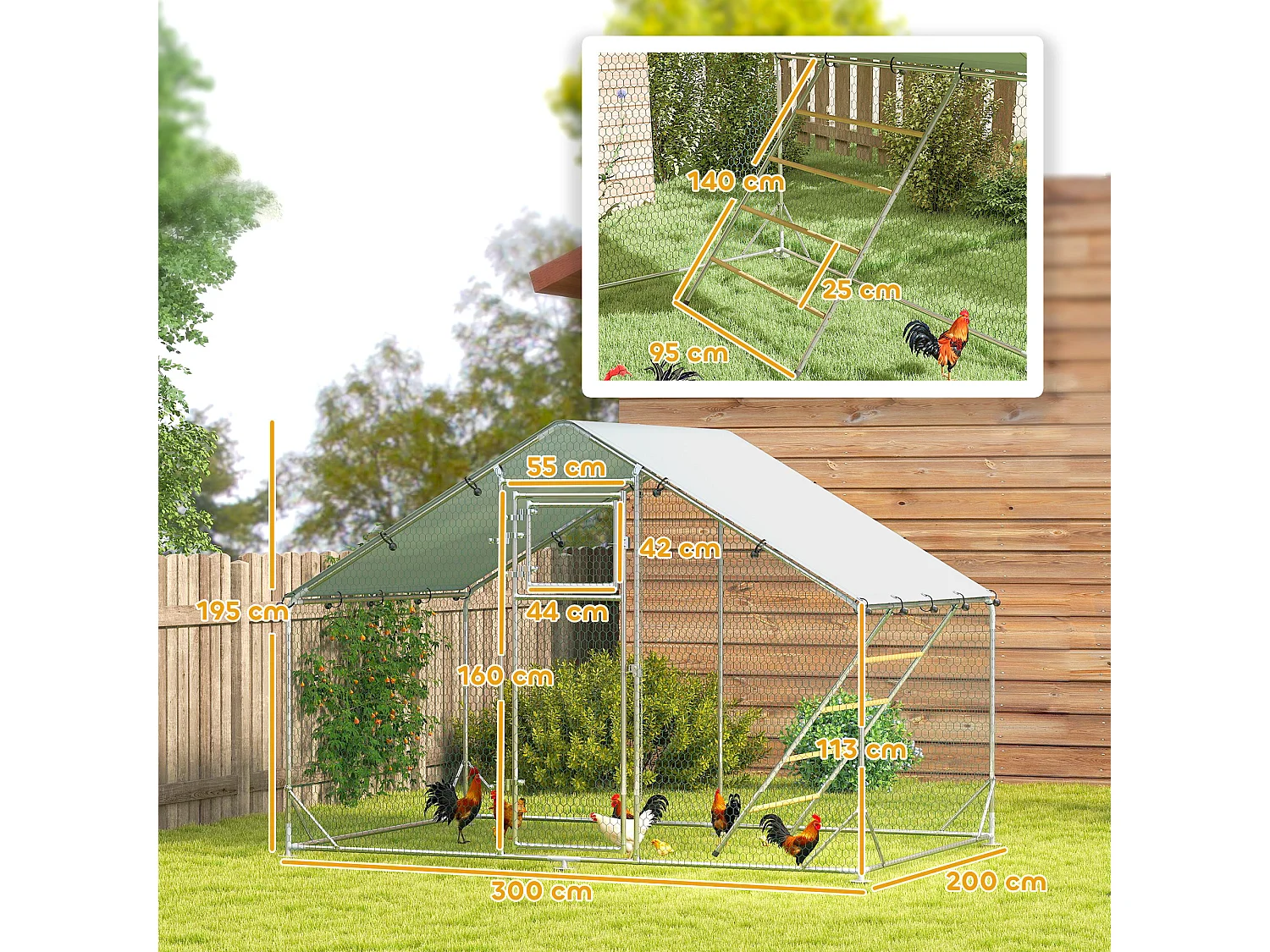 Enclos extérieur pour poules en acier, toit UV résistant, porte distributeur, perchoir, couleur argent (300x200x195cm)