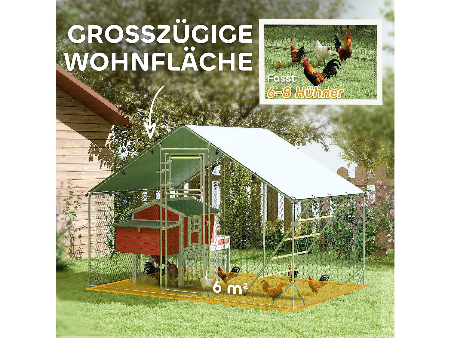 Enclos extérieur pour poules en acier, toit UV résistant, porte distributeur, perchoir, couleur argent (300x200x195cm)