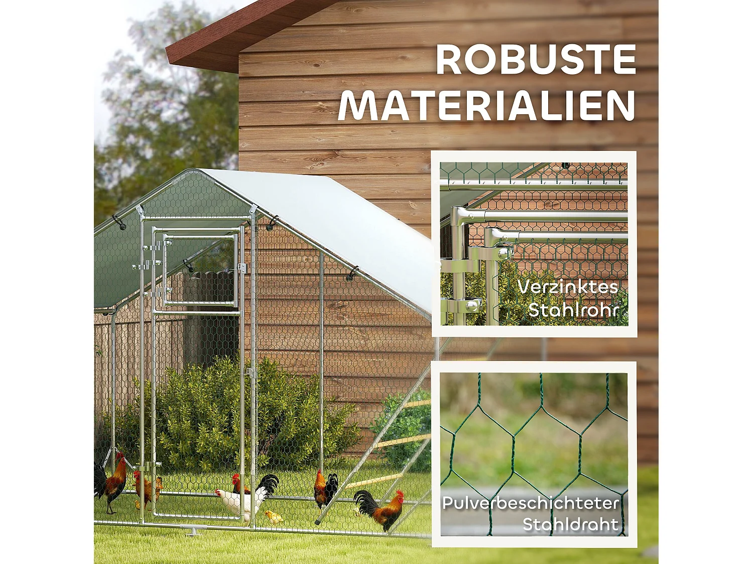 Enclos extérieur pour poules en acier, toit UV résistant, porte distributeur, perchoir, couleur argent (300x200x195cm)
