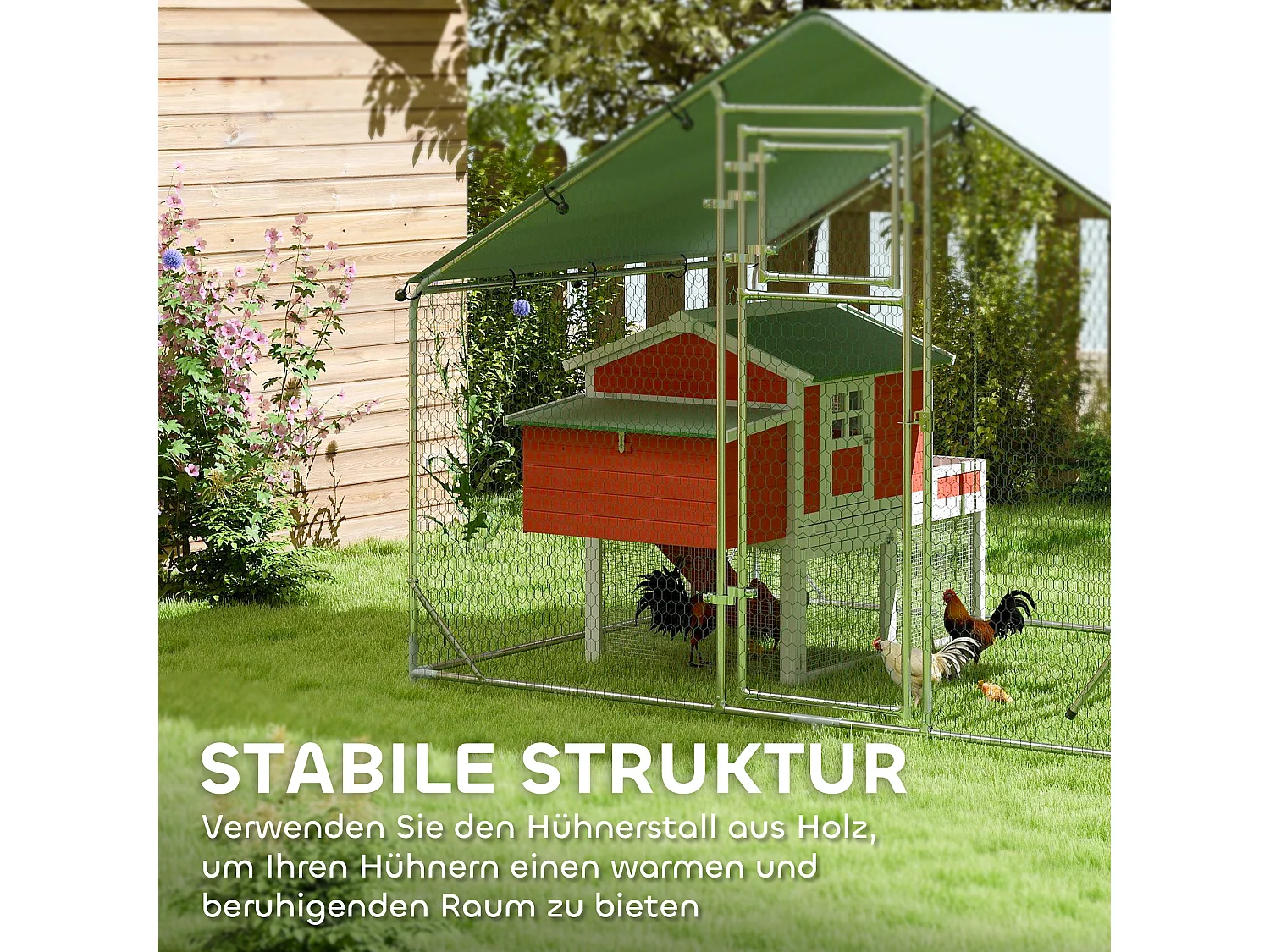 Enclos extérieur pour poules en acier, toit UV résistant, porte distributeur, perchoir, couleur argent (300x200x195cm)