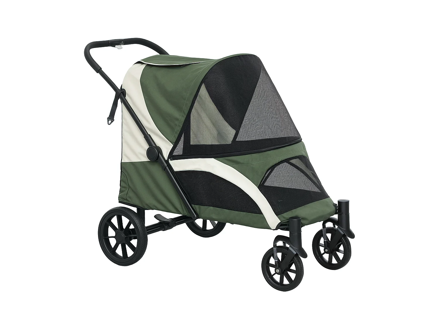 Chariot pliable pour chien et chat jusqu'à 30 kg, polyester, vert foncé, avec coussin et freins (124x67x100 cm)