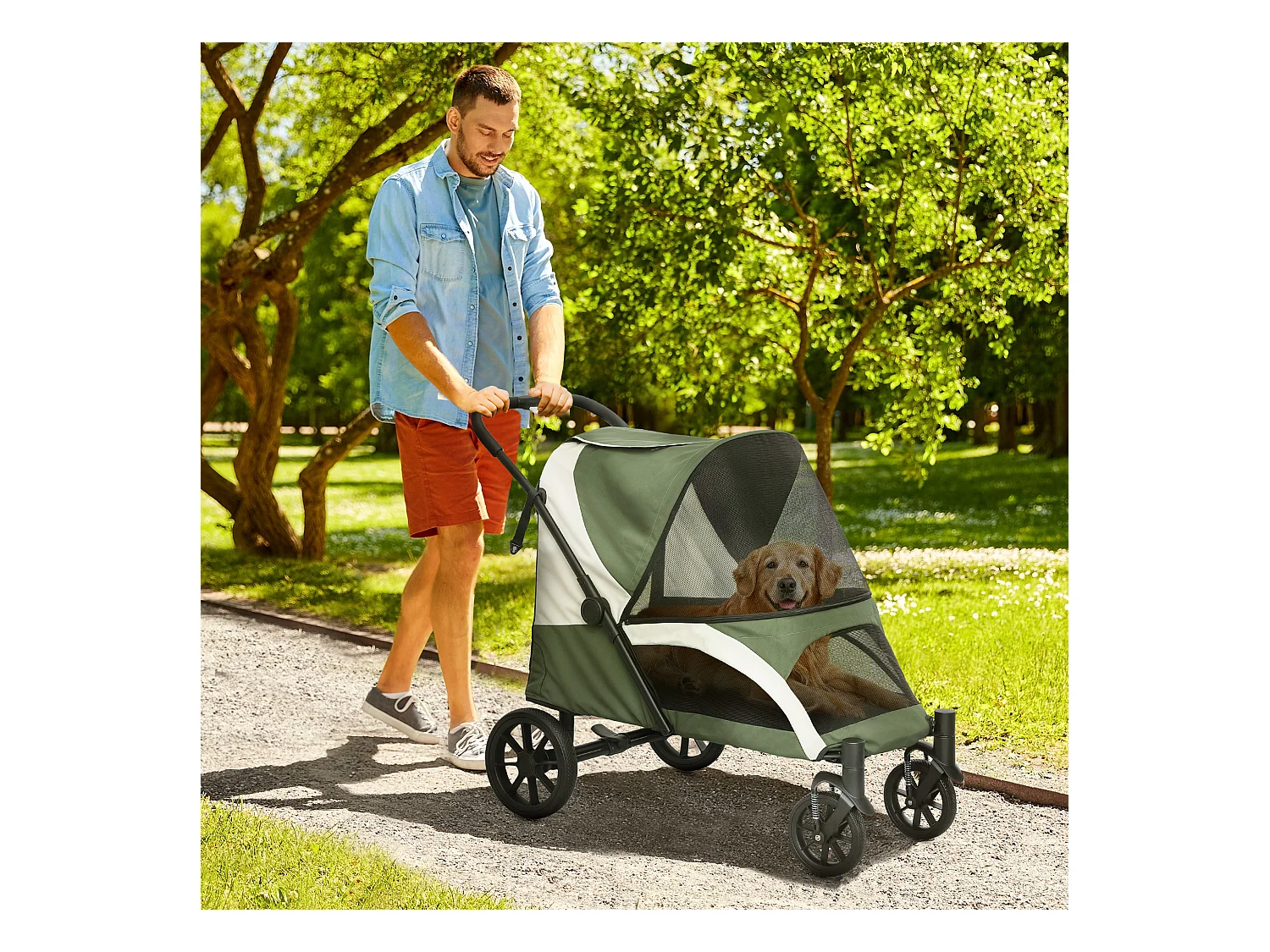 Chariot pliable pour chien et chat jusqu'à 30 kg, polyester, vert foncé, avec coussin et freins (124x67x100 cm)