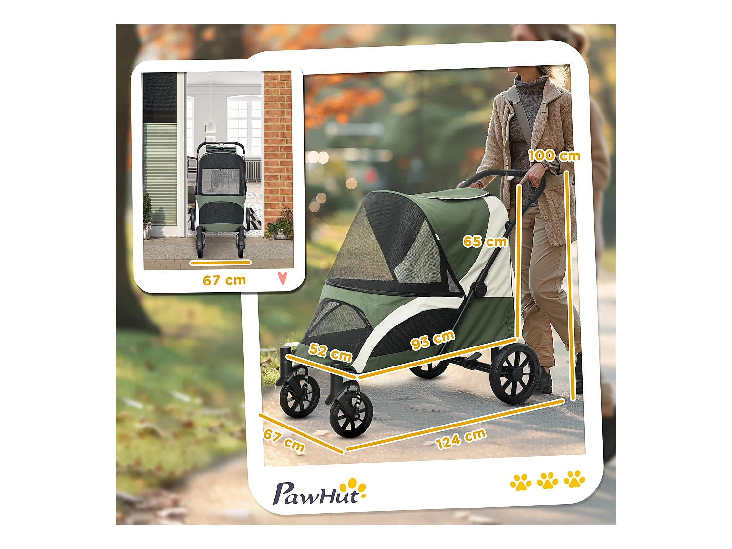 Chariot pliable pour chien et chat jusqu'à 30 kg, polyester, vert foncé, avec coussin et freins (124x67x100 cm)