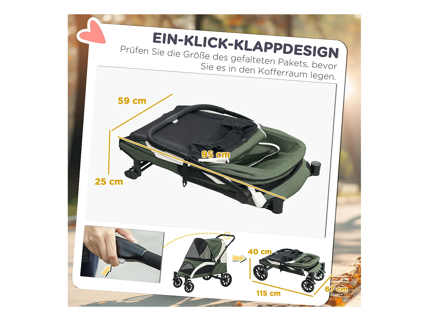 Chariot pliable pour chien et chat jusqu'à 30 kg, polyester, vert foncé, avec coussin et freins (124x67x100 cm)