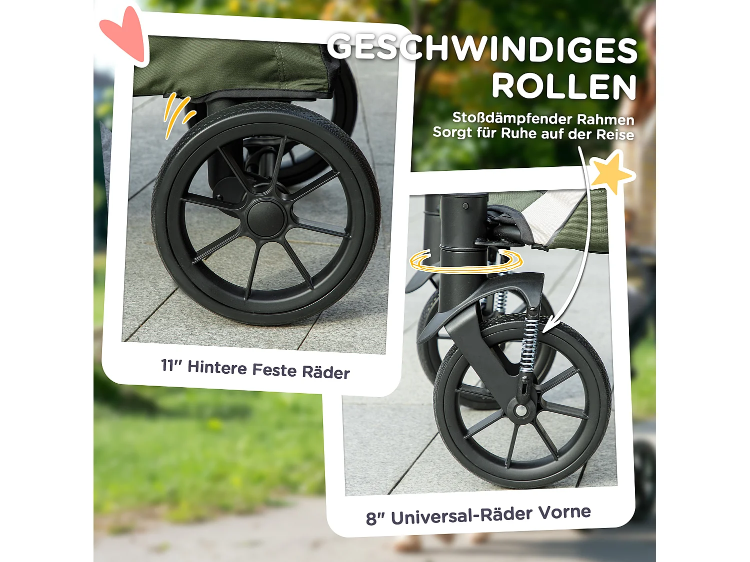 Chariot pliable pour chien et chat jusqu'à 30 kg, polyester, vert foncé, avec coussin et freins (124x67x100 cm)