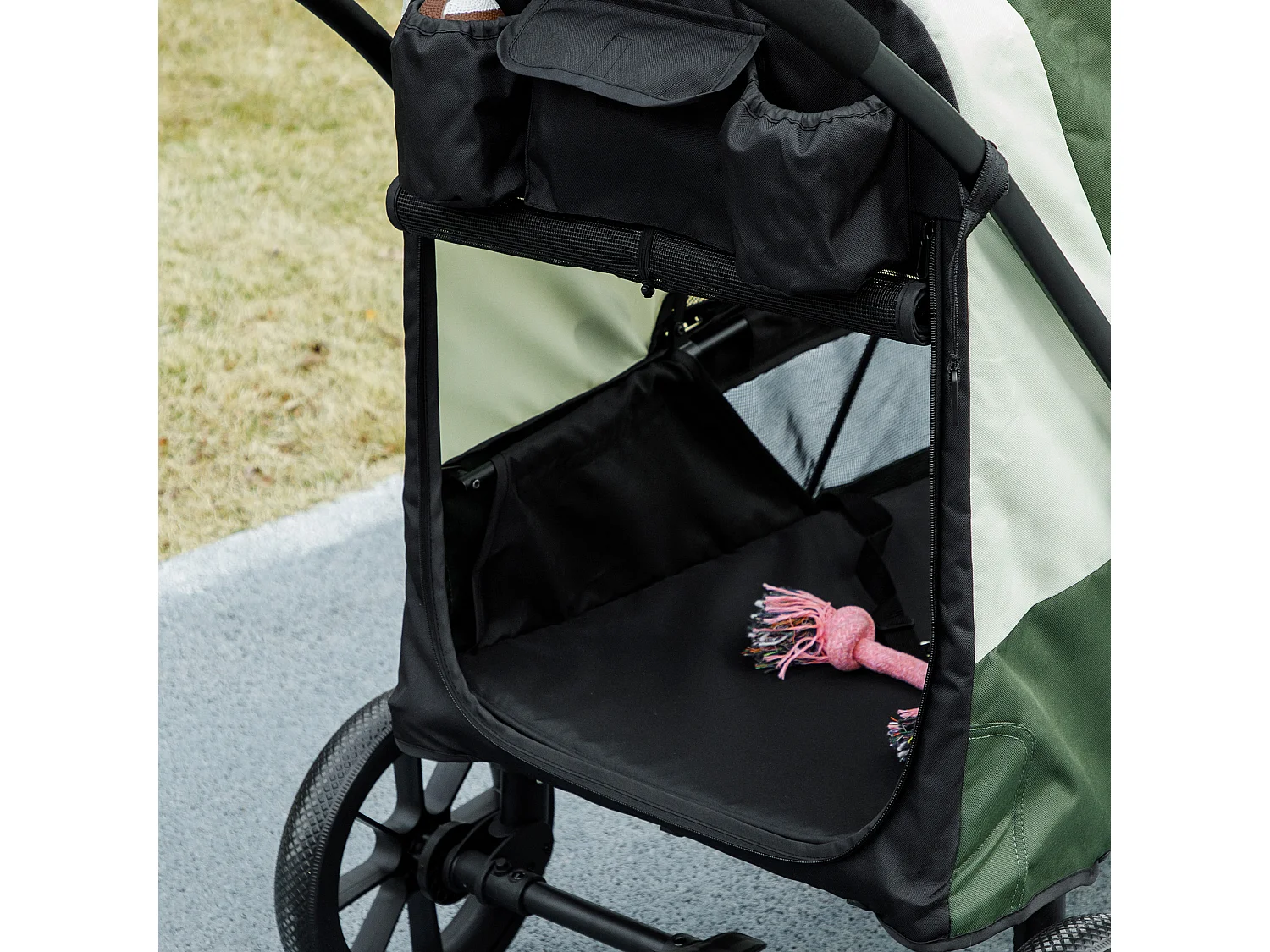 Chariot pliable pour chien et chat jusqu'à 30 kg, polyester, vert foncé, avec coussin et freins (124x67x100 cm)