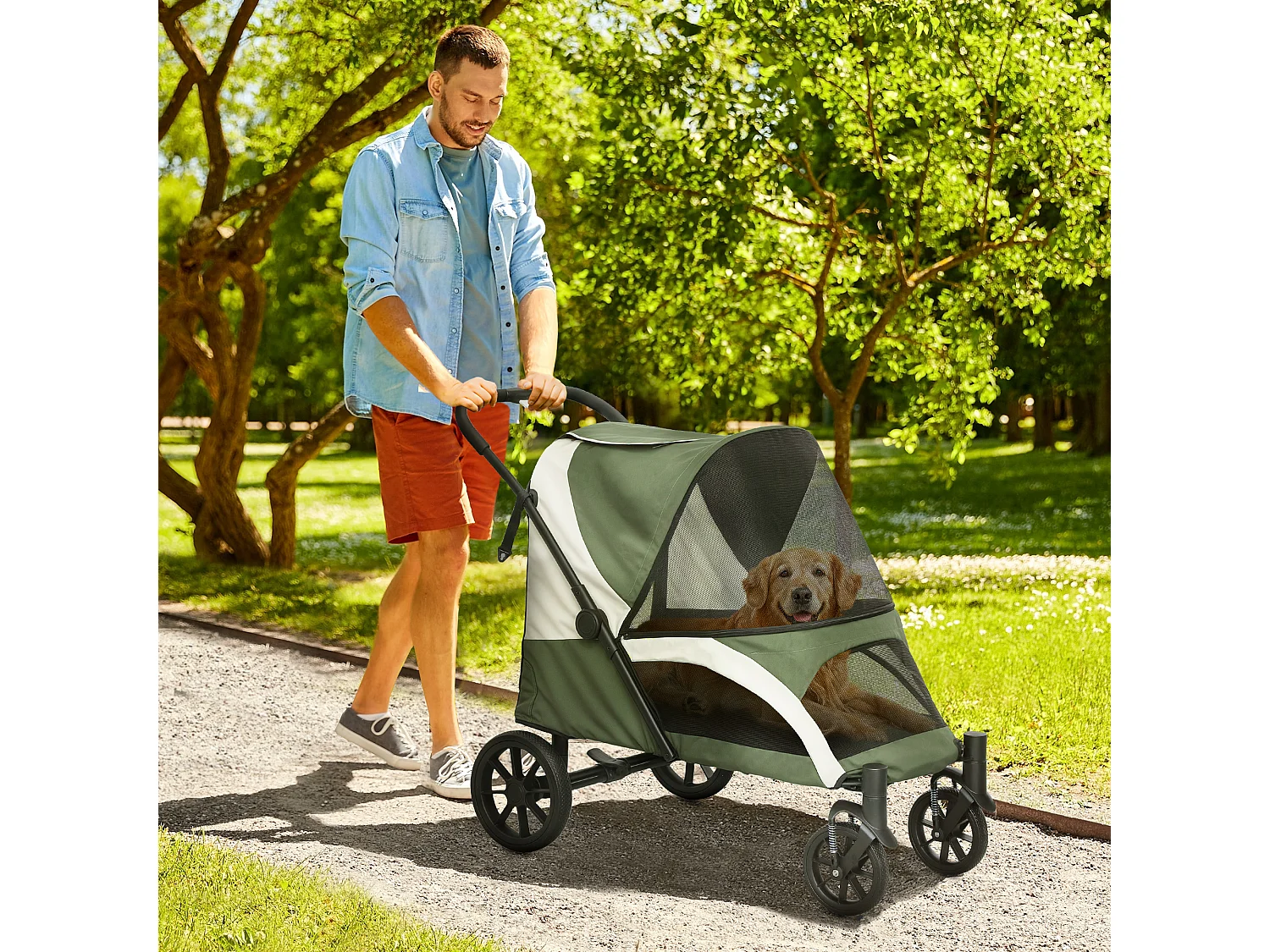 Opvouwbare honden- en kattenkar tot 30 kg, polyester, donkergroen, met kussen en remmen (124x67x100 cm)