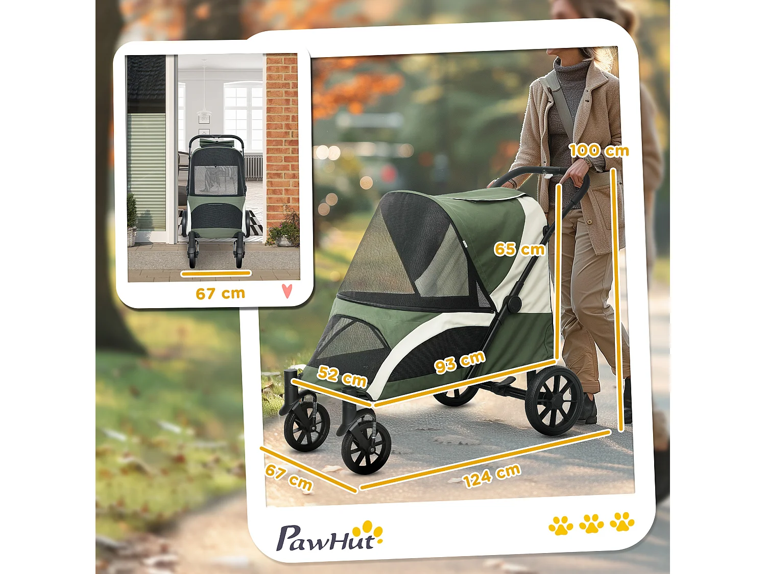 Opvouwbare honden- en kattenkar tot 30 kg, polyester, donkergroen, met kussen en remmen (124x67x100 cm)