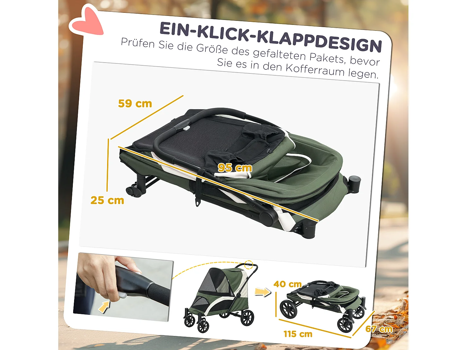 Opvouwbare honden- en kattenkar tot 30 kg, polyester, donkergroen, met kussen en remmen (124x67x100 cm)