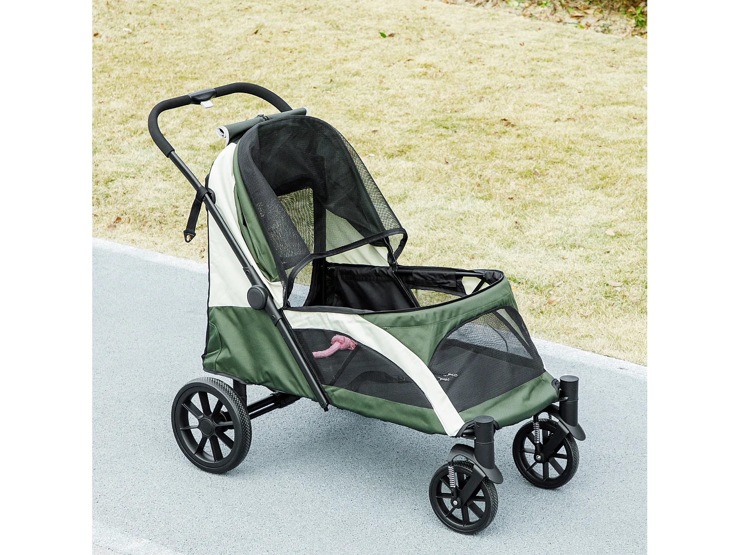 Opvouwbare honden- en kattenkar tot 30 kg, polyester, donkergroen, met kussen en remmen (124x67x100 cm)