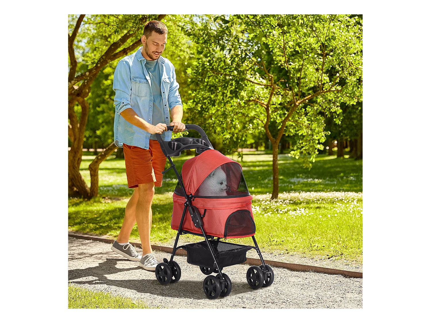 Poussette pliante pour petit chien et chat, tissu oxford, rouge, avec roues pivotantes et panier de rangement (67x45x96cm)
