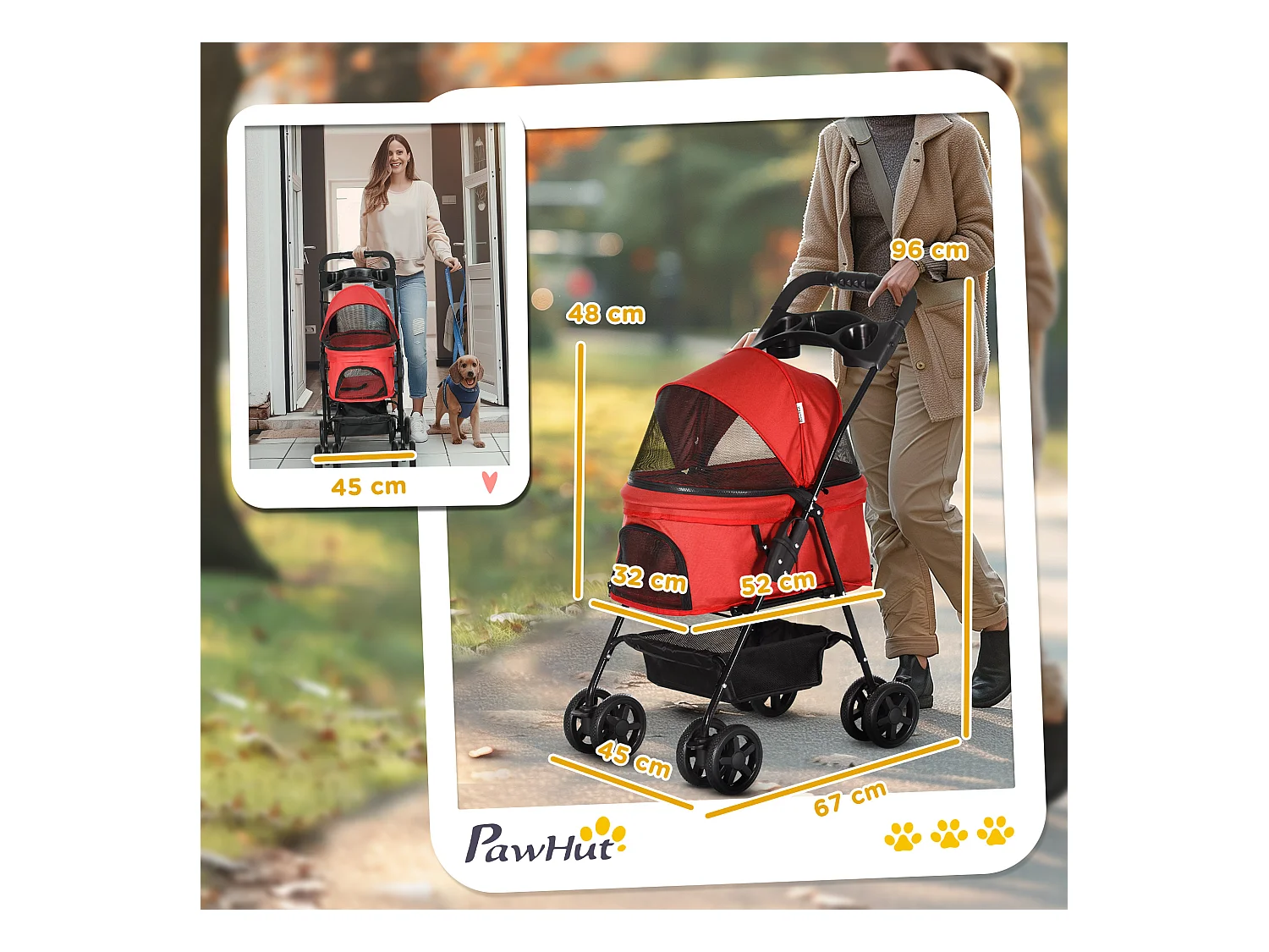 Poussette pliante pour petit chien et chat, tissu oxford, rouge, avec roues pivotantes et panier de rangement (67x45x96cm)