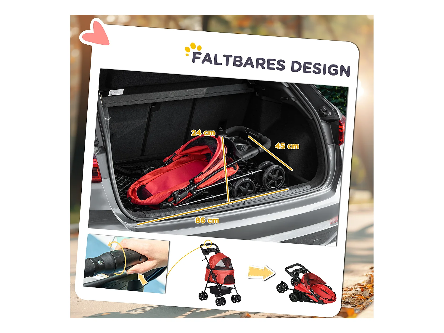 Poussette pliante pour petit chien et chat, tissu oxford, rouge, avec roues pivotantes et panier de rangement (67x45x96cm)