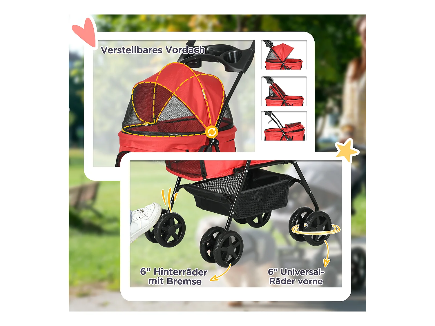 Poussette pliante pour petit chien et chat, tissu oxford, rouge, avec roues pivotantes et panier de rangement (67x45x96cm)